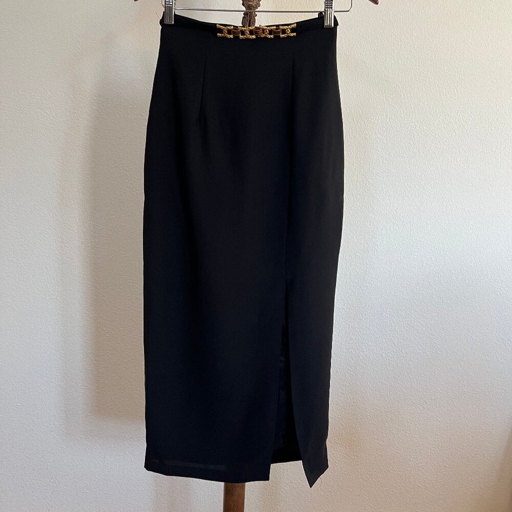 Top World Size S Black Gold-Tone Chain-Link Embellished Front Slit Maxi Skirt
